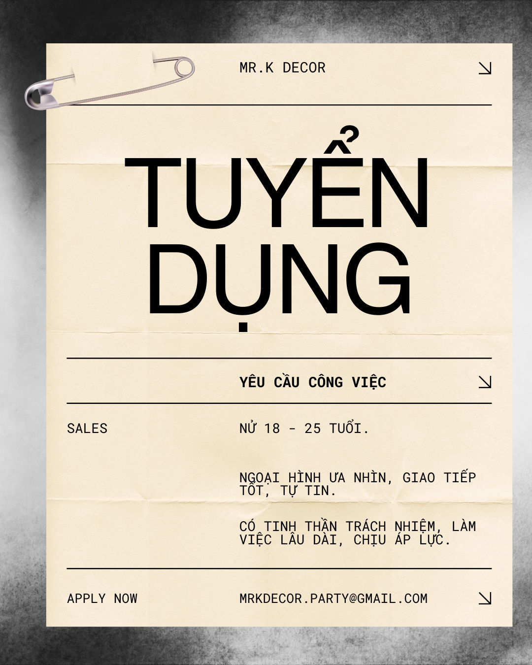 Mr.K Decor tuyển 02 Nhân viên Sales full-time làm việc tại Long Xuyên, An Giang. Thu nhập gồm lương cứng, hoa hồng, thưởng KPI; có lộ trình phát triển và đóng BHXH theo quy định.